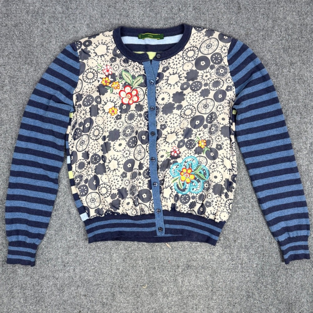 VTG Oilily Embroidered Floral Cardigan Art Teacher Whimsical Boho Wool Silk L